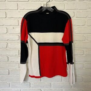 Obermeyer Red White Black Gray Block Print‎ Knit Sweater Women's Size Large